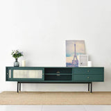 Mueble de TV verde moderno para TV de 70 pulgadas con 2 cajones y 2 puertas y decorado en mimbre