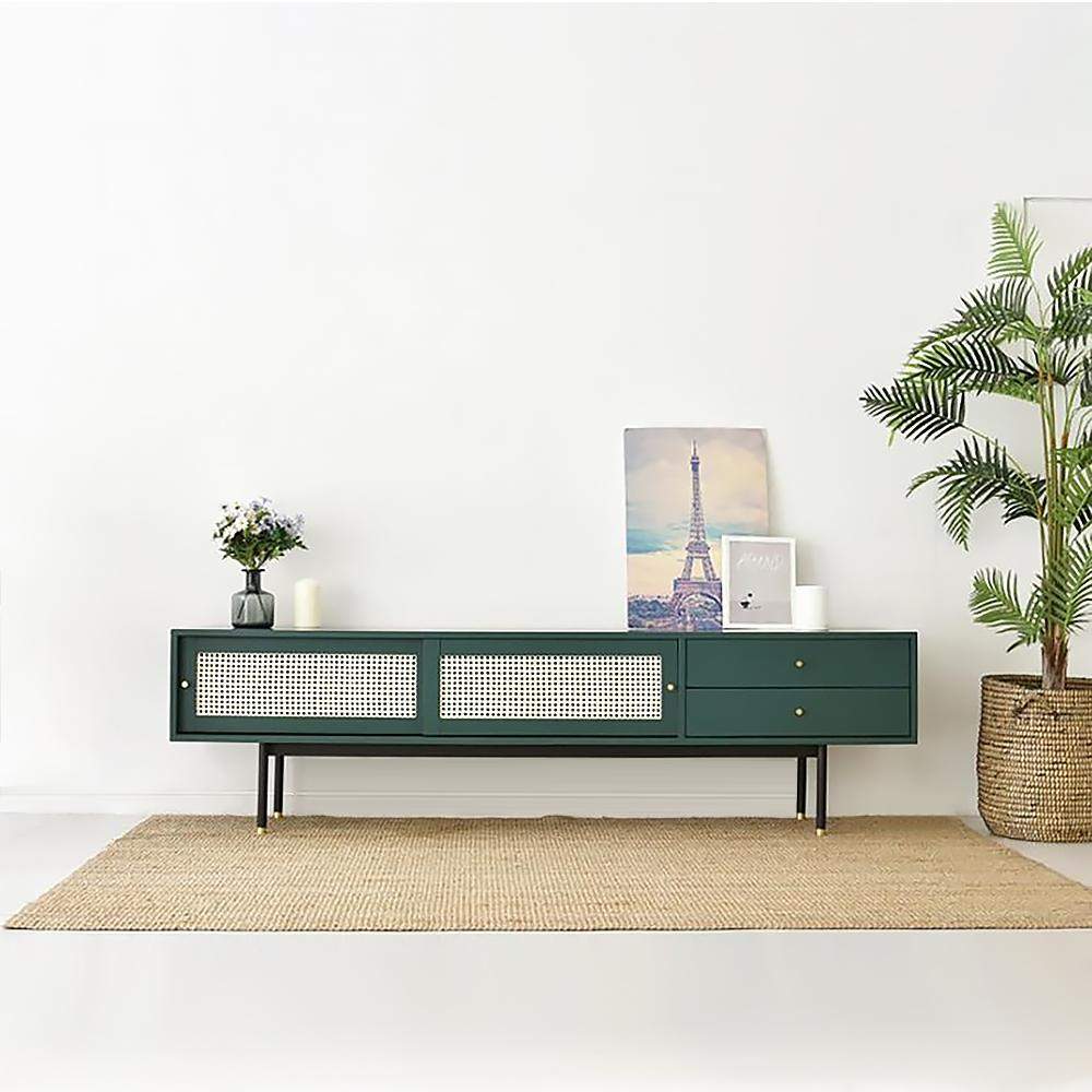 Modern Green TV Stand for 70 inch TV with 2 Drawers & 2 Doors & Rattan Decorated-Richsoul-Furniture,Living Room Furniture,TV Stands