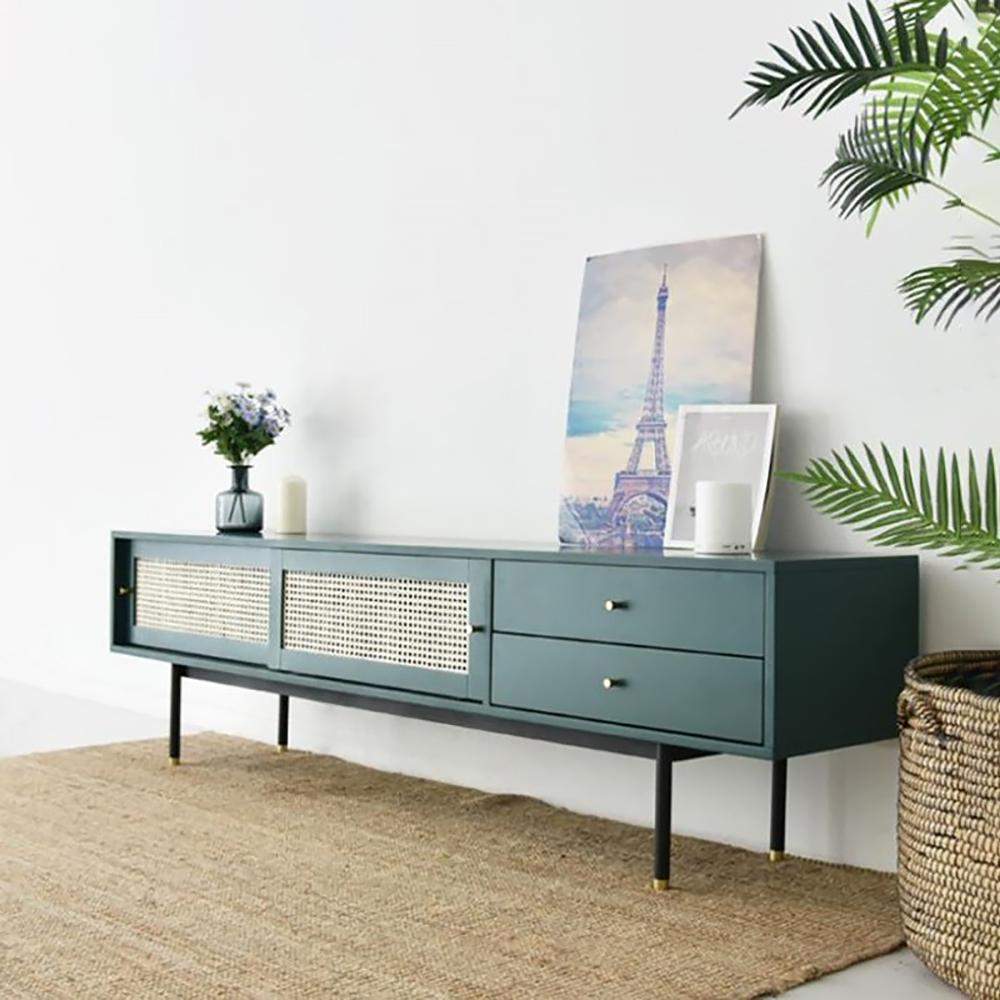 Modern Green TV Stand for 70 inch TV with 2 Drawers & 2 Doors & Rattan Decorated-Richsoul-Furniture,Living Room Furniture,TV Stands