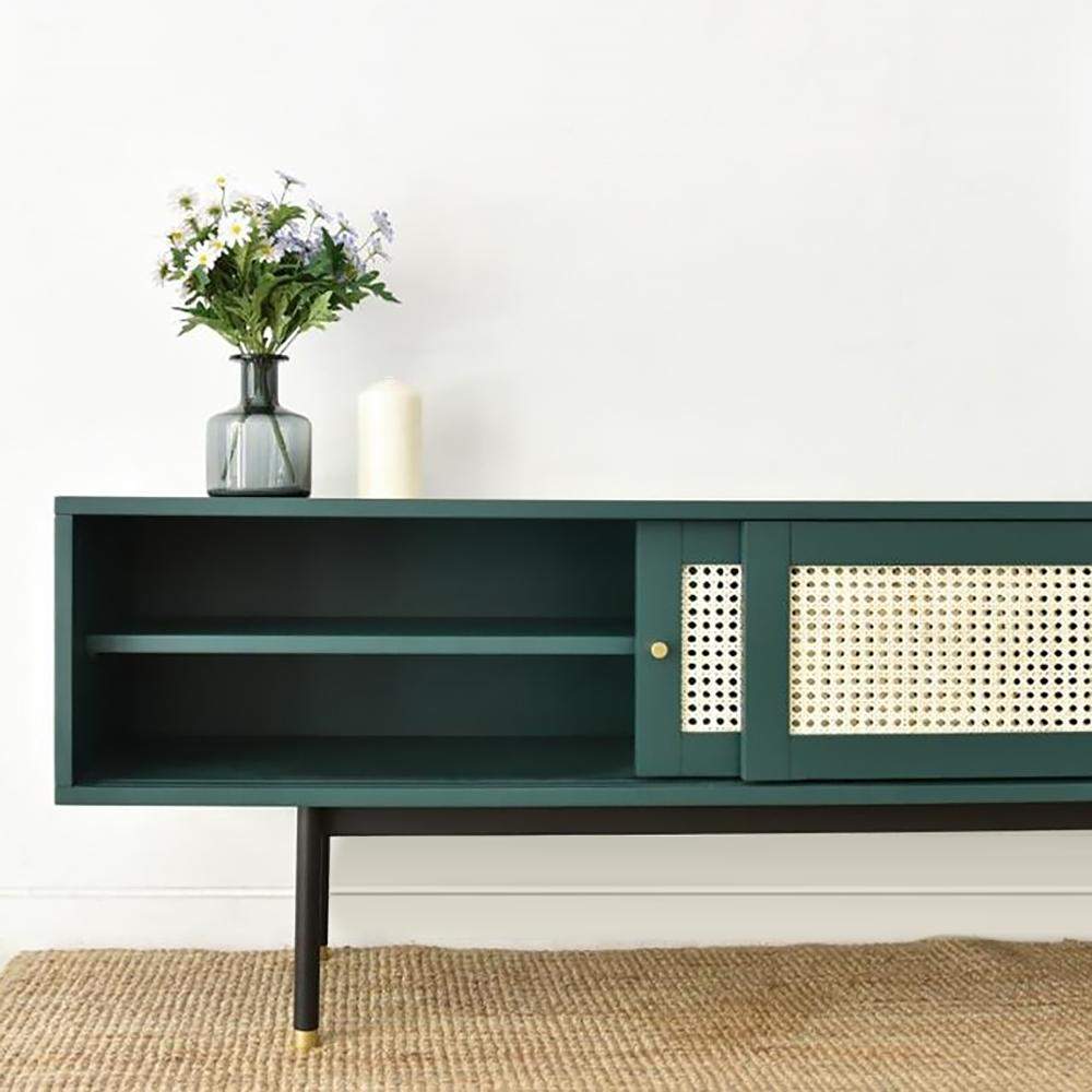 Modern Green TV Stand for 70 inch TV with 2 Drawers & 2 Doors & Rattan Decorated-Richsoul-Furniture,Living Room Furniture,TV Stands