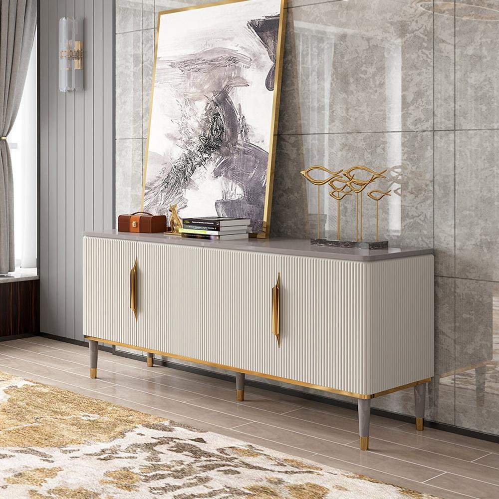 63" Off White Contemporary TV Stand 4 Doors & 2 Shelves Media Cabinet in Small-Richsoul-Furniture,Living Room Furniture,TV Stands