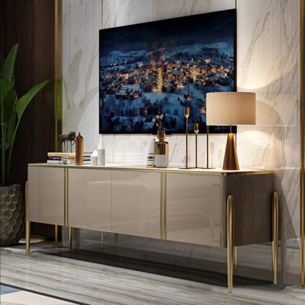 Champagne TV Stand Post-Modern Rectangle TV Console with 4 Doors for TVs Up To 85"-Richsoul-Furniture,Living Room Furniture,TV Stands