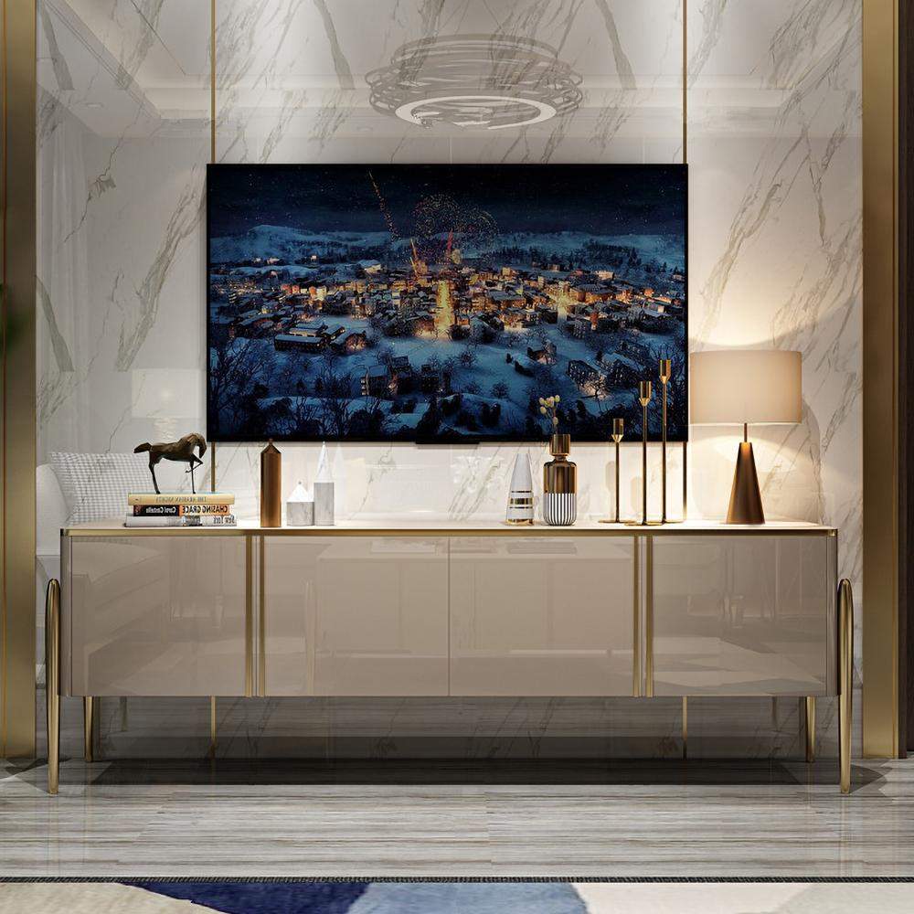 Champagne TV Stand Post-Modern Rectangle TV Console with 4 Doors for TVs Up To 85"-Richsoul-Furniture,Living Room Furniture,TV Stands