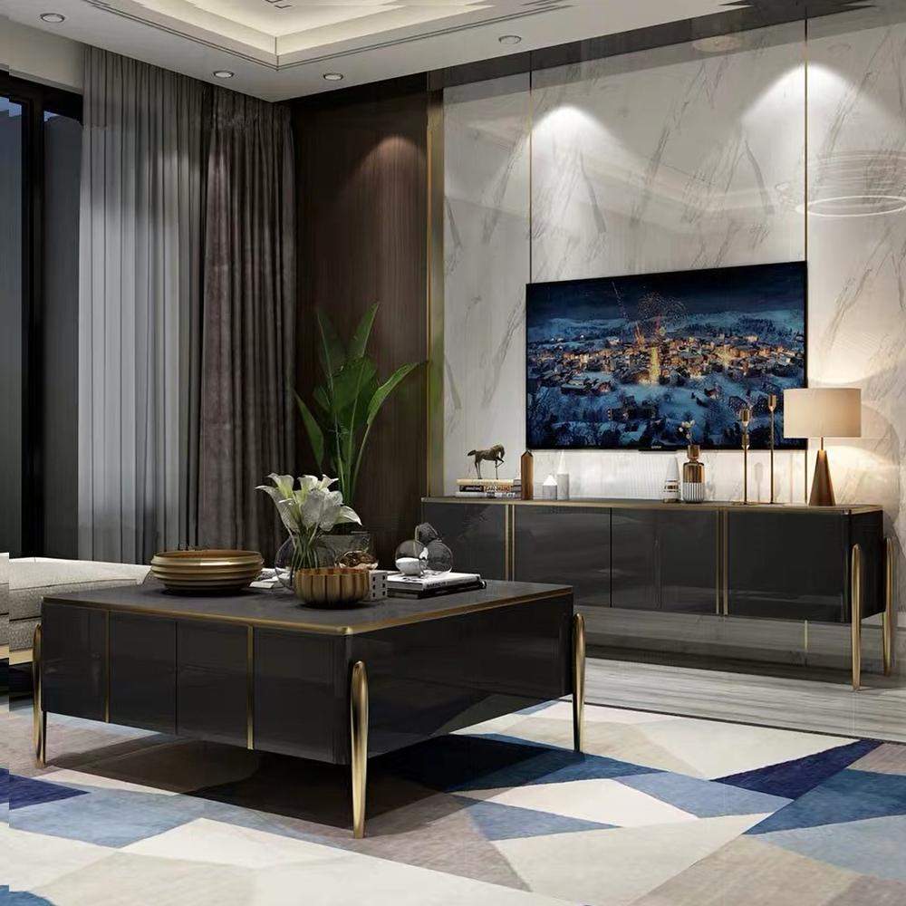 Champagne TV Stand Post-Modern Rectangle TV Console with 4 Doors for TVs Up To 85"-Richsoul-Furniture,Living Room Furniture,TV Stands