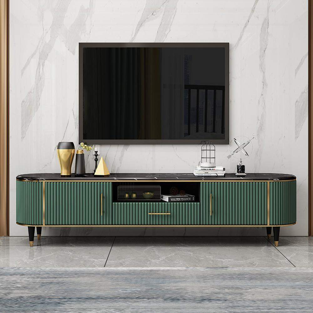 78.7" Modern Oval TV Stand Faux Marble Top Green Media Stand with 2 Doors & 1 Drawer-Richsoul-Furniture,Living Room Furniture,TV Stands