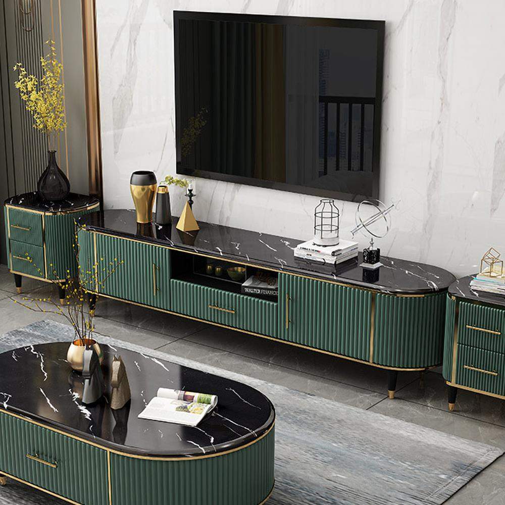 78.7" Modern Oval TV Stand Faux Marble Top Green Media Stand with 2 Doors & 1 Drawer-Richsoul-Furniture,Living Room Furniture,TV Stands