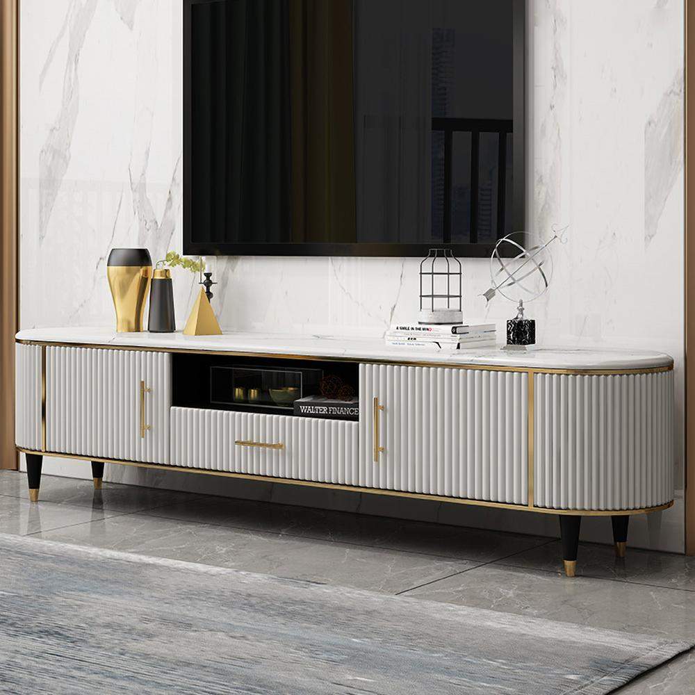 78.7" Modern Oval TV Stand Faux Marble Top Green Media Stand with 2 Doors & 1 Drawer-Richsoul-Furniture,Living Room Furniture,TV Stands