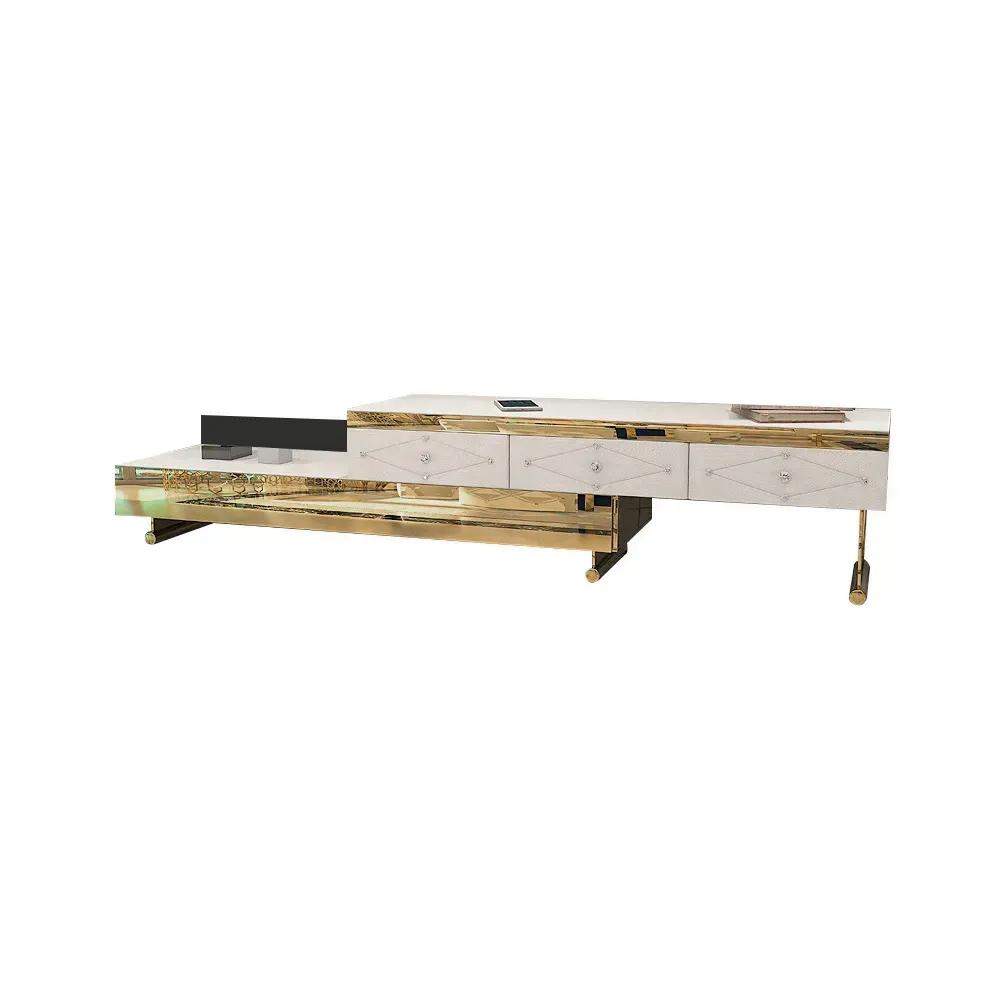 White TV Stand Tempered Glass Top Extendable Entertainment 3-Drawer Cabinet in Gold-Richsoul-Furniture,Living Room Furniture,TV Stands