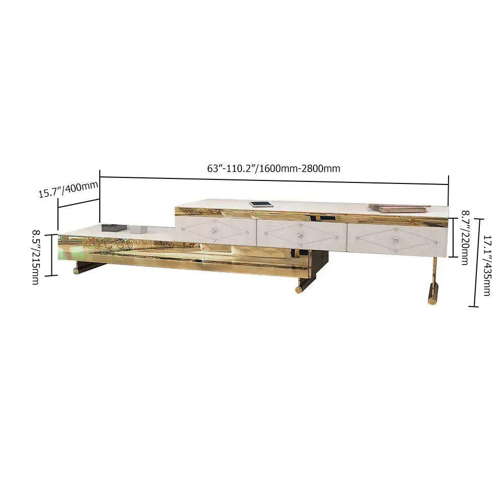 White TV Stand Tempered Glass Top Extendable Entertainment 3-Drawer Cabinet in Gold-Richsoul-Furniture,Living Room Furniture,TV Stands