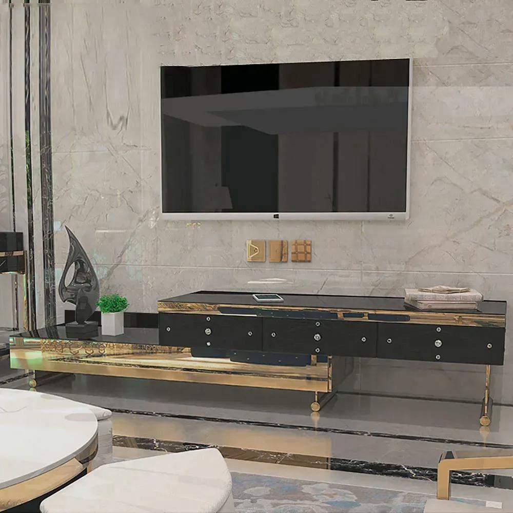White TV Stand Tempered Glass Top Extendable Entertainment 3-Drawer Cabinet in Gold-Richsoul-Furniture,Living Room Furniture,TV Stands
