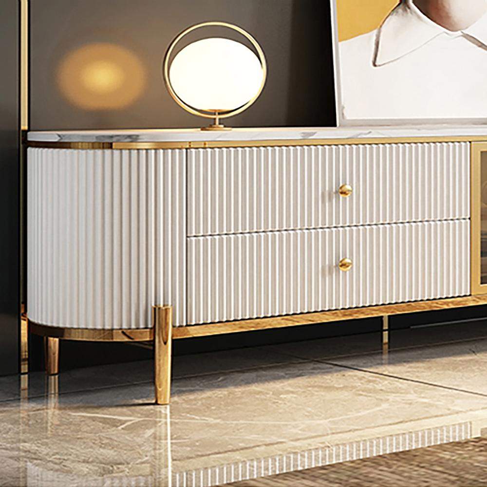 Modern White TV Stand with Oval Faux Marble Top & Tempered Glass Doors Media Console-Richsoul-Furniture,Living Room Furniture,TV Stands