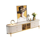 Modern White TV Stand with Oval Faux Marble Top & Tempered Glass Doors Media Console-Richsoul-Furniture,Living Room Furniture,TV Stands