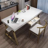 55" Rectangular White Computer Desk with Drawer and Shelf Gold Leg-Desks,Furniture,Office Furniture