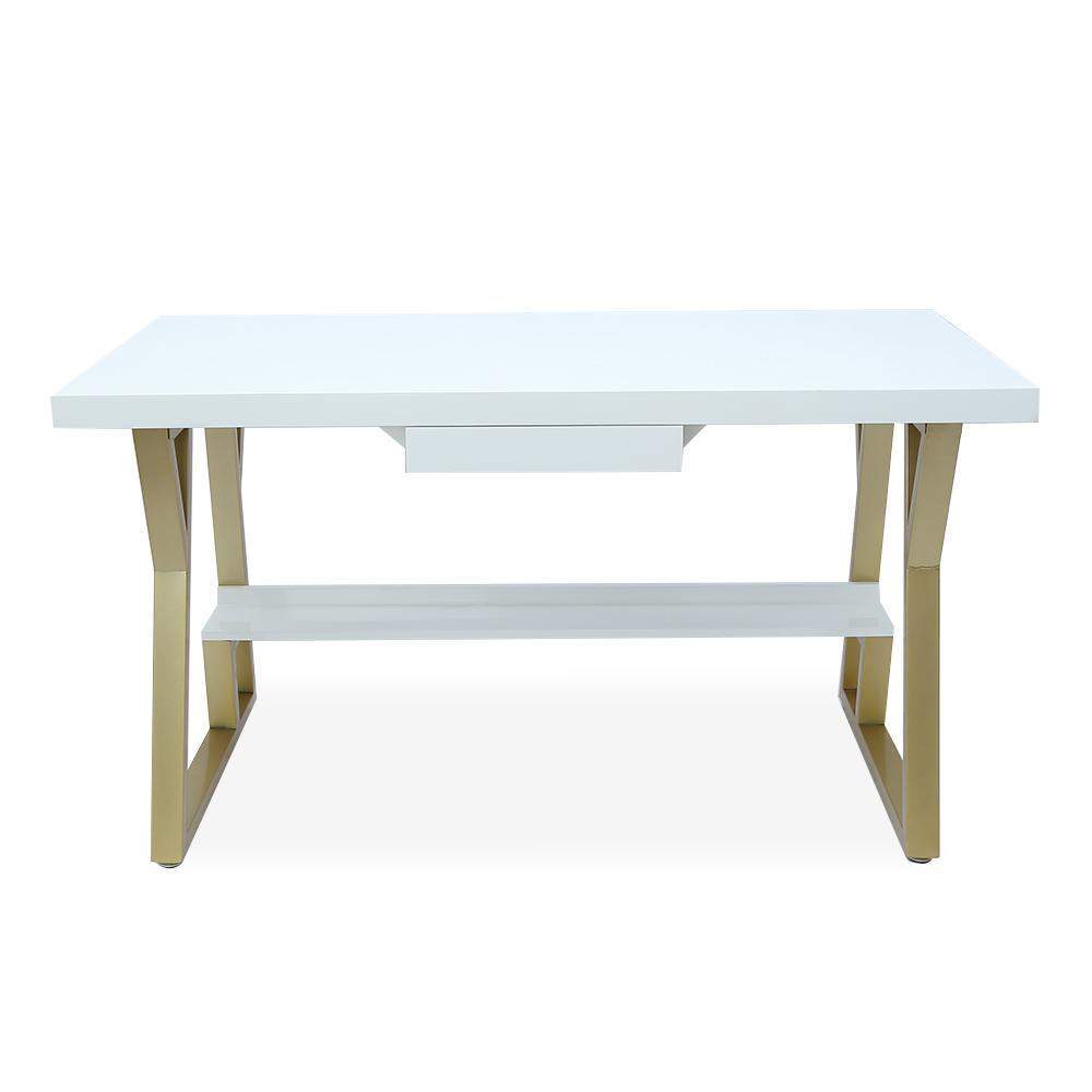 55" Rectangular White Computer Desk with Drawer and Shelf Gold Leg-Desks,Furniture,Office Furniture
