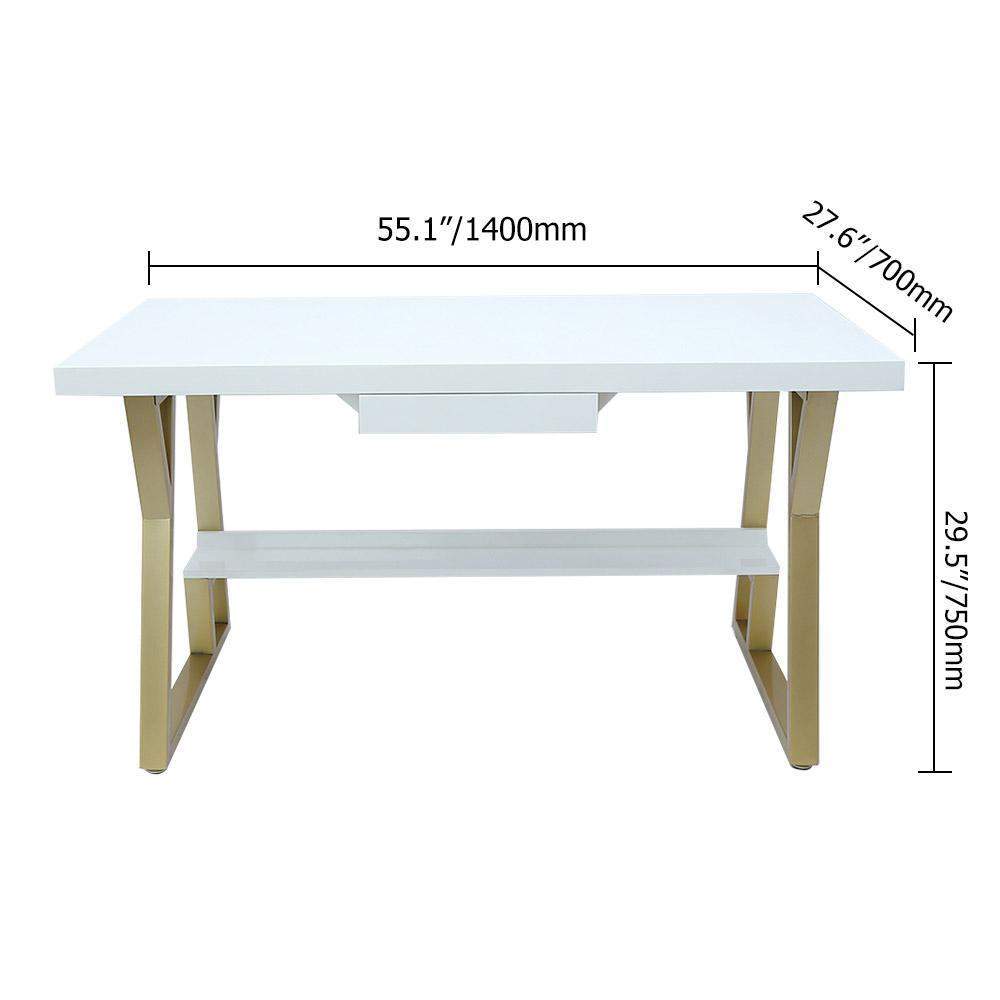 55" Rectangular White Computer Desk with Drawer and Shelf Gold Leg-Desks,Furniture,Office Furniture