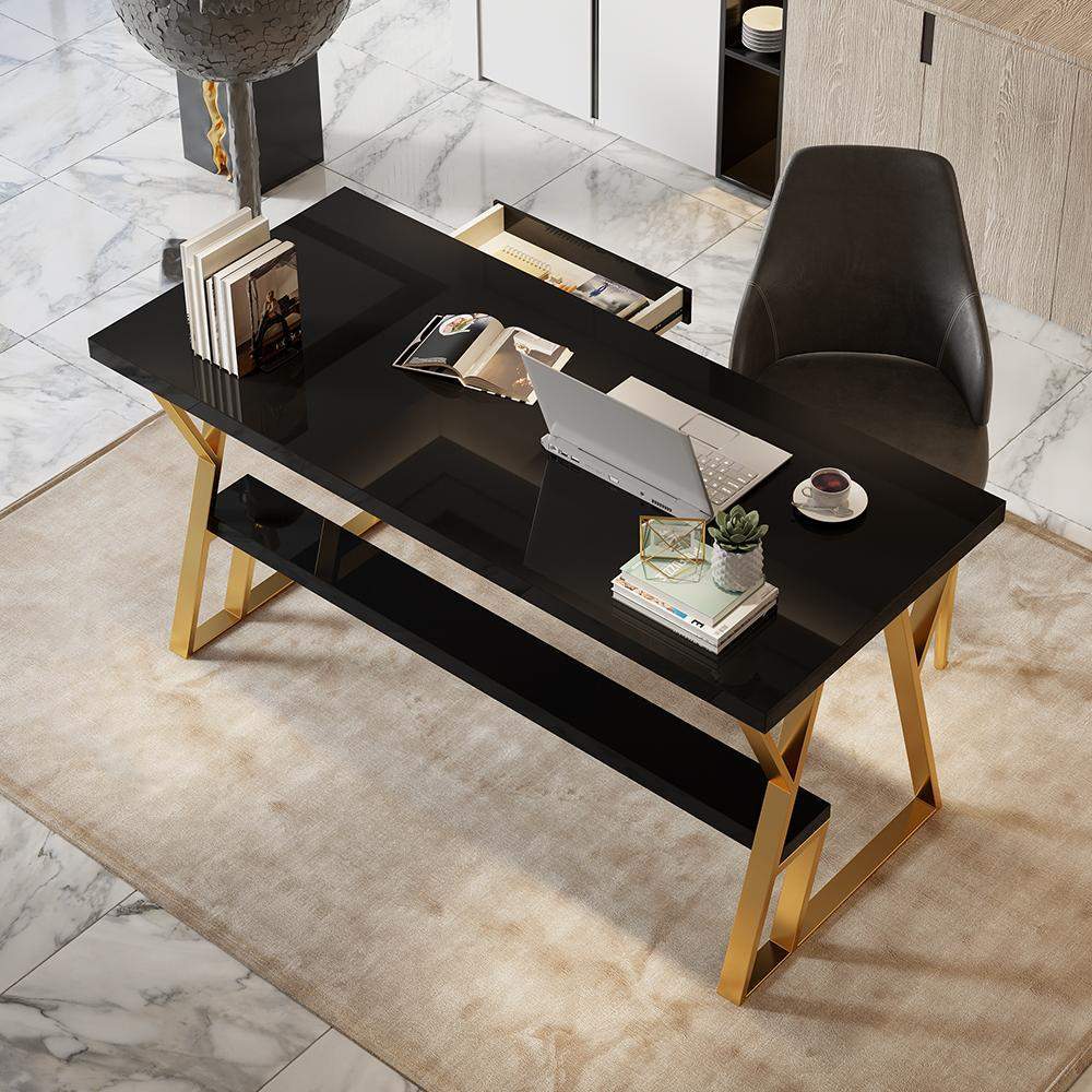 55" Rectangular White Computer Desk with Drawer and Shelf Gold Leg-Desks,Furniture,Office Furniture
