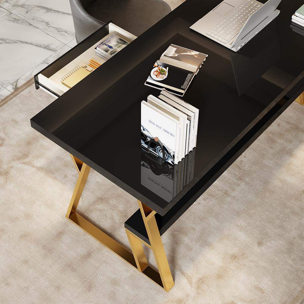 55" Rectangular White Computer Desk with Drawer and Shelf Gold Leg-Desks,Furniture,Office Furniture
