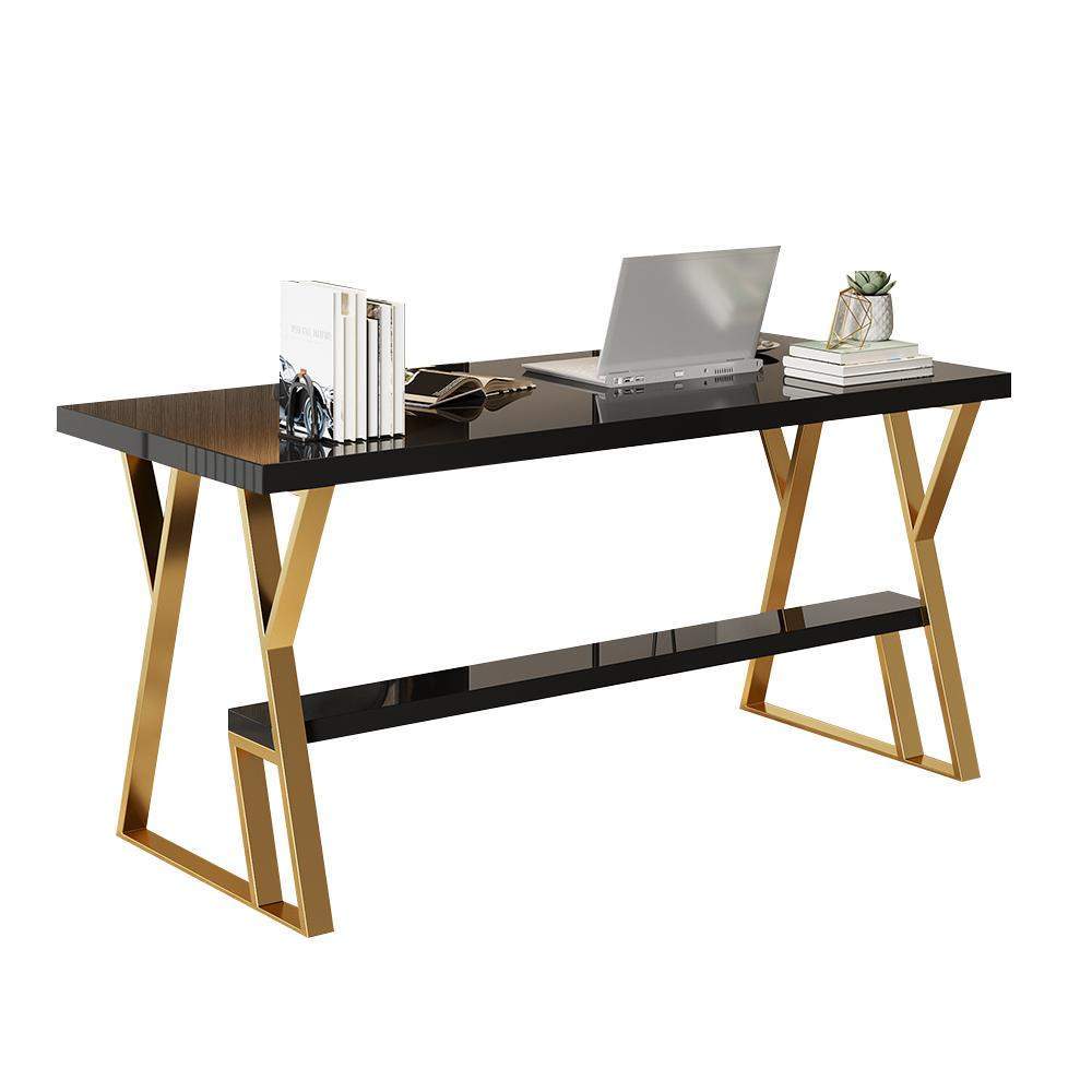 55" Rectangular White Computer Desk with Drawer and Shelf Gold Leg-Desks,Furniture,Office Furniture