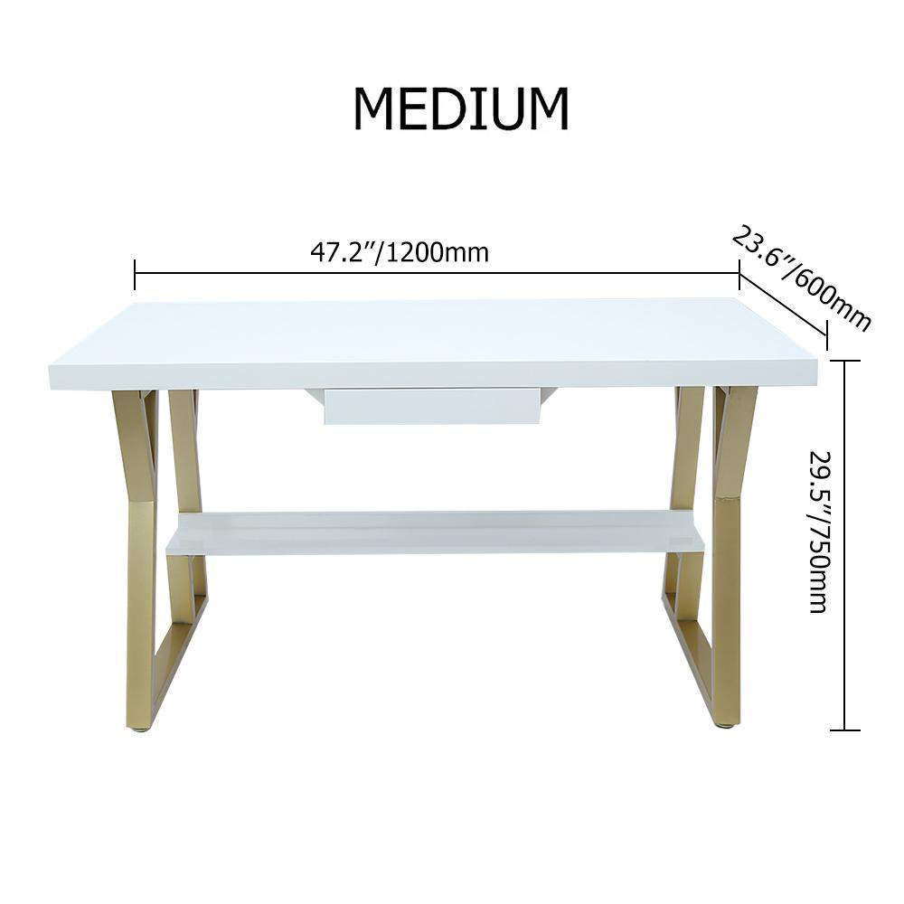 55" Rectangular White Computer Desk with Drawer and Shelf Gold Leg-Desks,Furniture,Office Furniture