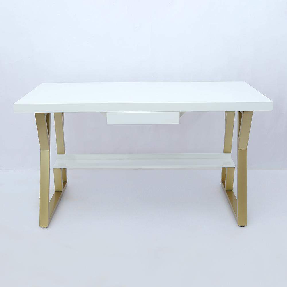 55" Rectangular White Computer Desk with Drawer and Shelf Gold Leg-Desks,Furniture,Office Furniture
