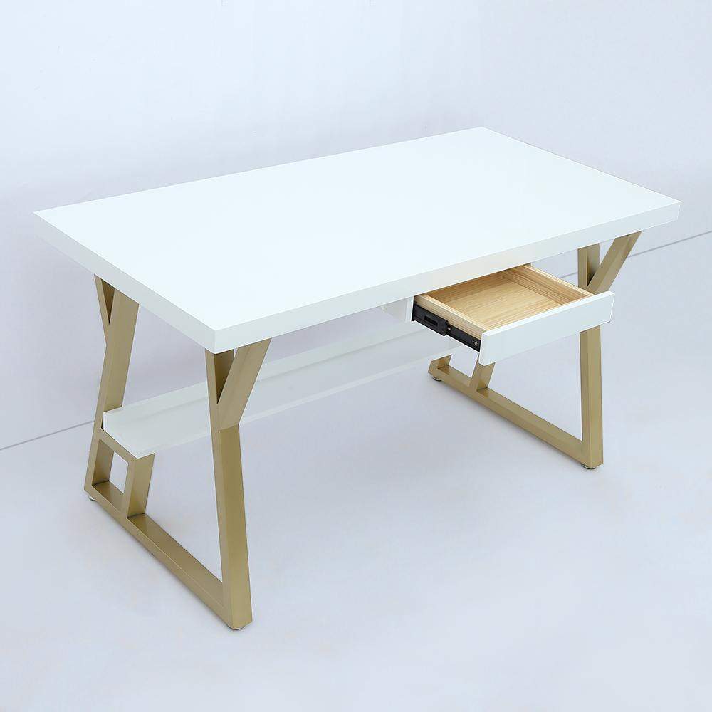 55" Rectangular White Computer Desk with Drawer and Shelf Gold Leg-Desks,Furniture,Office Furniture