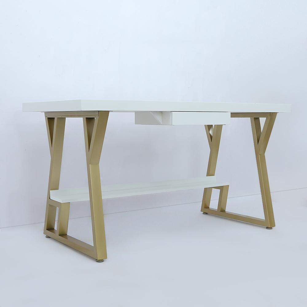 55" Rectangular White Computer Desk with Drawer and Shelf Gold Leg-Desks,Furniture,Office Furniture