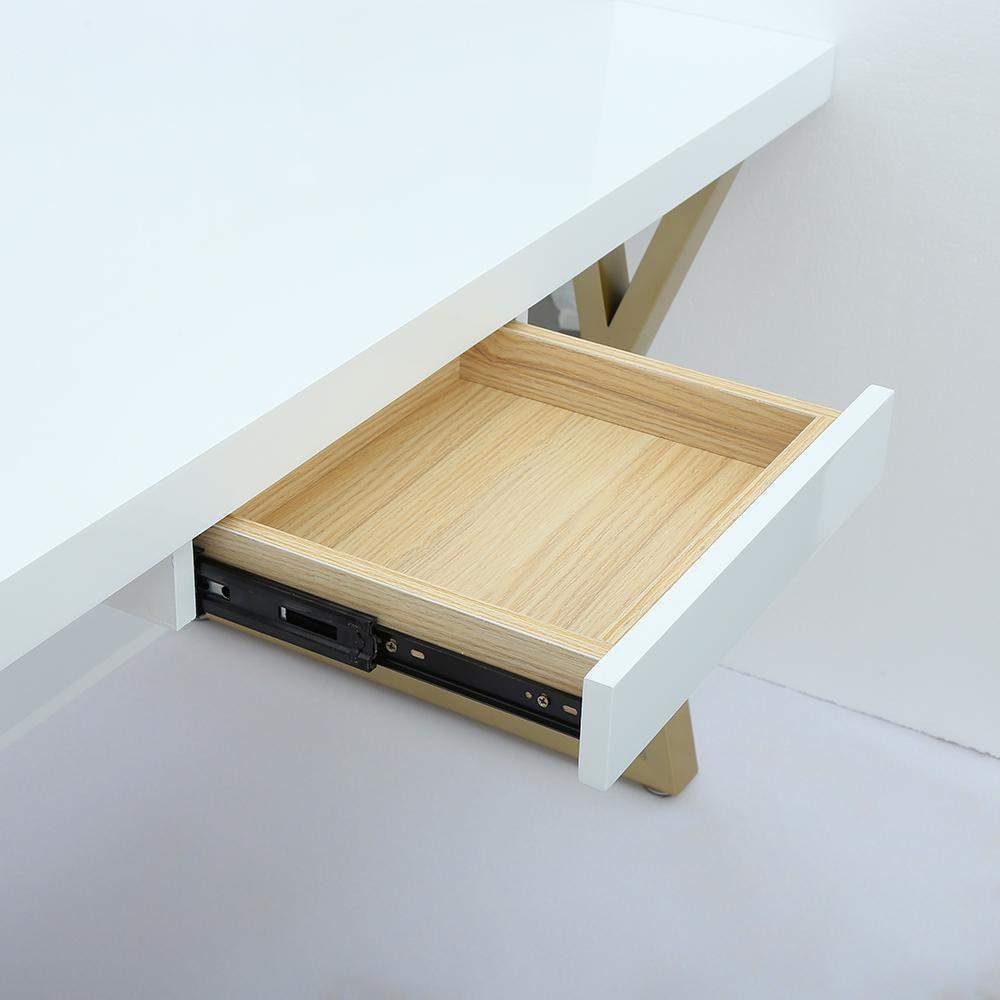 55" Rectangular White Computer Desk with Drawer and Shelf Gold Leg-Desks,Furniture,Office Furniture
