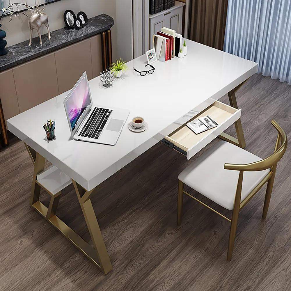 55" Rectangular White Computer Desk with Drawer and Shelf Gold Leg-Desks,Furniture,Office Furniture