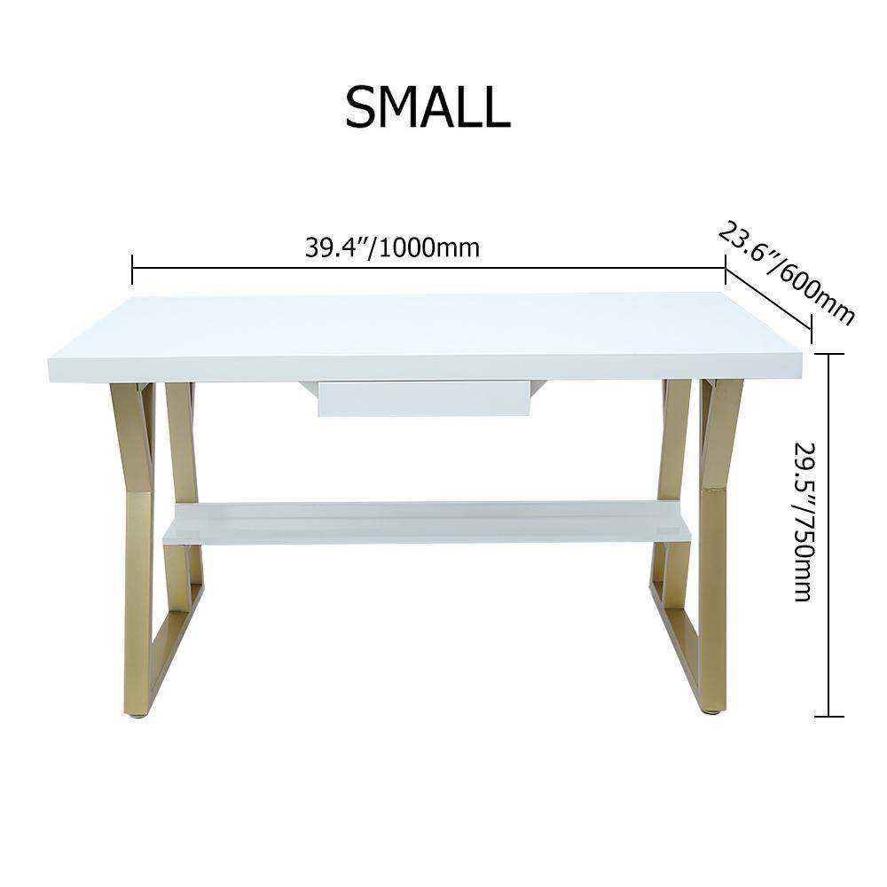 55" Rectangular White Computer Desk with Drawer and Shelf Gold Leg-Desks,Furniture,Office Furniture