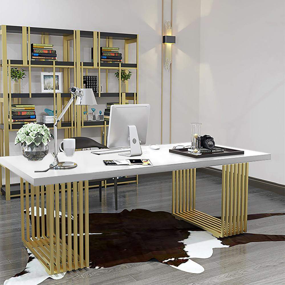 47" Rectangular Modern Home Office Desk with Solid Wood Table Top & Gold Frame-Desks,Furniture,Office Furniture