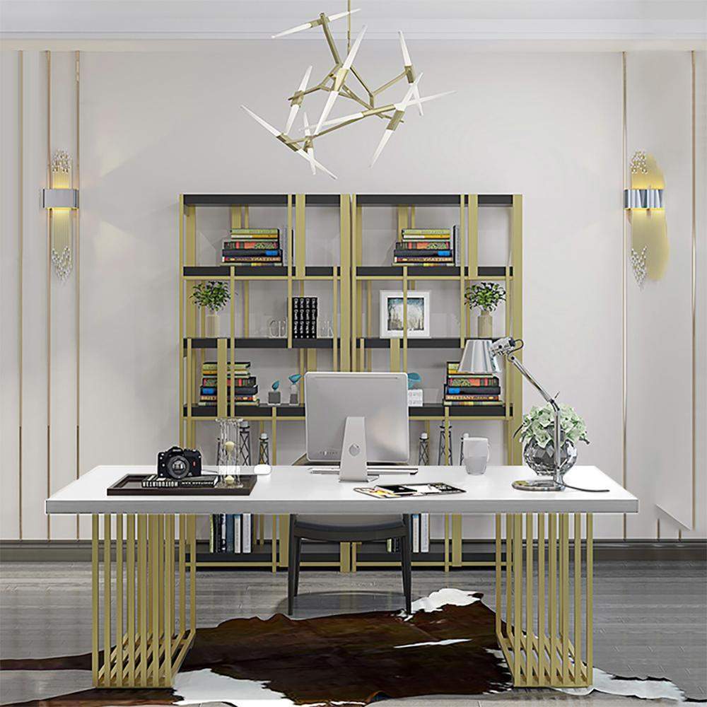47" Rectangular Modern Home Office Desk with Solid Wood Table Top & Gold Frame-Desks,Furniture,Office Furniture