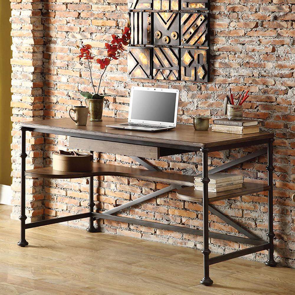 Industrial Wood Computer Desk Black Pipe Loft Writing Desk with Shelf-Desks,Furniture,Office Furniture