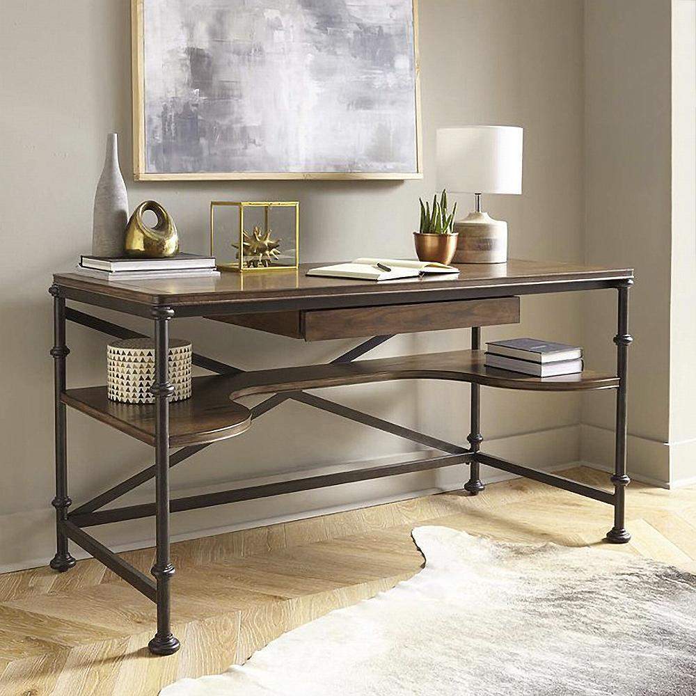Industrial Wood Computer Desk Black Pipe Loft Writing Desk with Shelf-Desks,Furniture,Office Furniture
