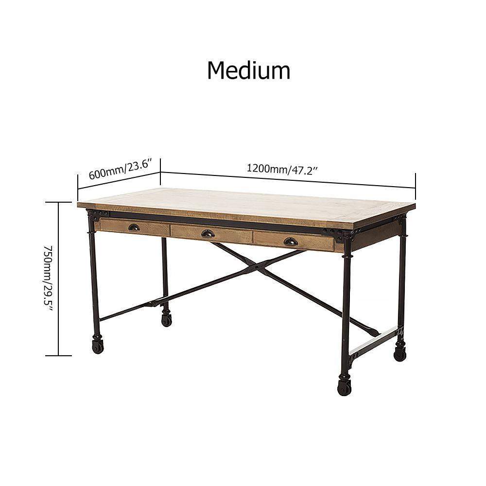 47" Retro Industrial Rolling Desk Pine Wood Mobile Office Desk with 3 Drawers-Desks,Furniture,Office Furniture