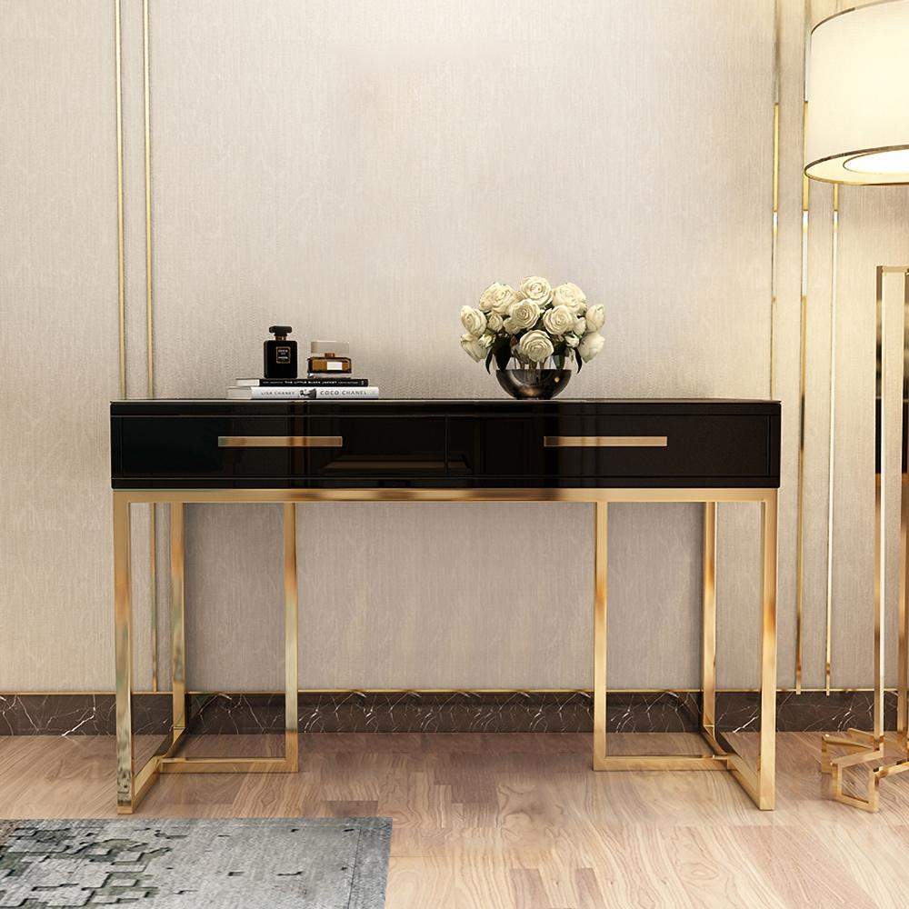 47" Rectangular Writing Desk White Computer Desk with Drawer Gold Leg-Desks,Furniture,Office Furniture