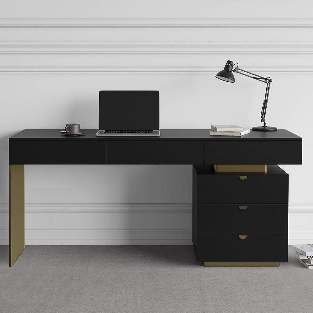 55" Modern Black Office Computer Desk with 6 Drawer & Gold Leg-Desks,Furniture,Office Furniture
