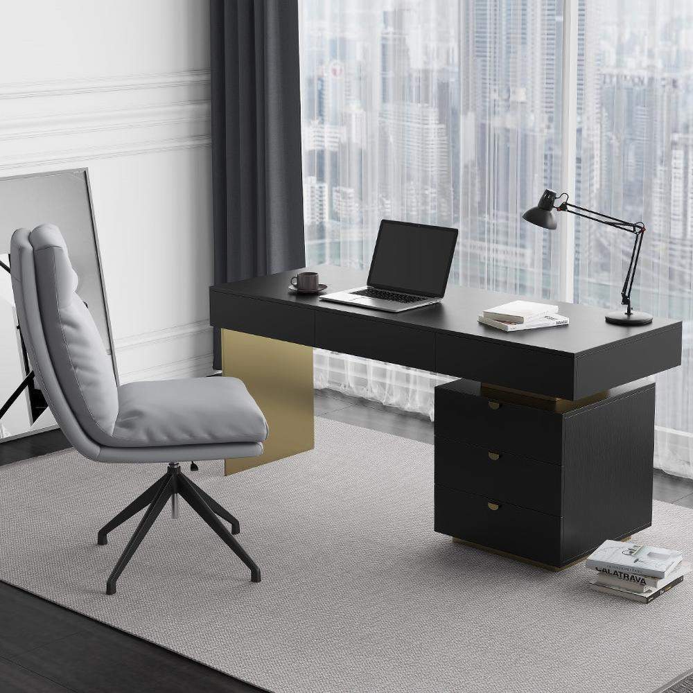 55" Modern Black Office Computer Desk with 6 Drawer & Gold Leg-Desks,Furniture,Office Furniture