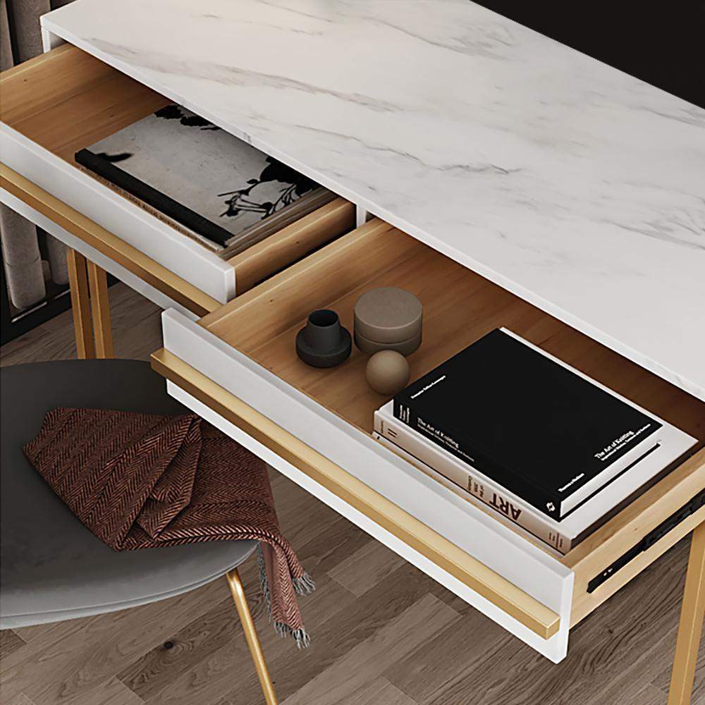 47" Rectangular White Office Desk with Drawers Marble Veneer Top Gold Hardware-Desks,Furniture,Office Furniture