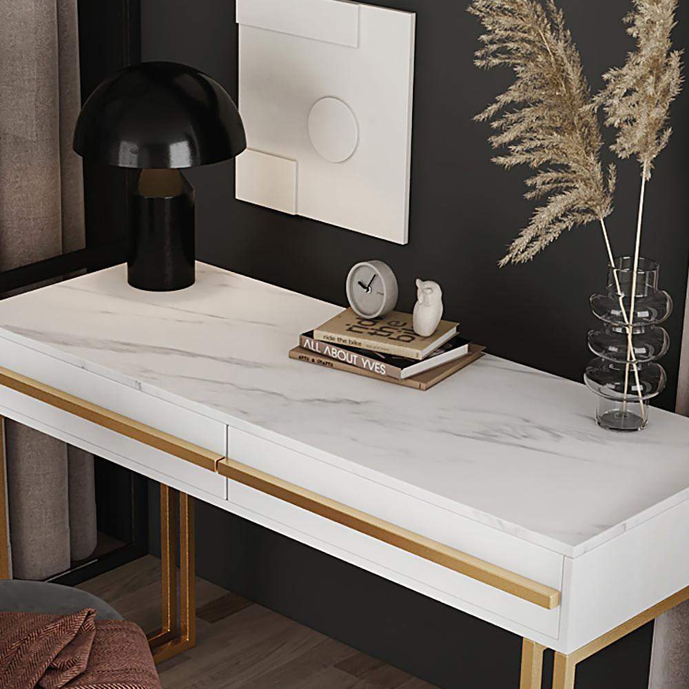 47" Rectangular White Office Desk with Drawers Marble Veneer Top Gold Hardware-Desks,Furniture,Office Furniture