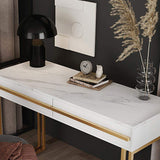 47" Rectangular White Office Desk with Drawers Marble Veneer Top Gold Hardware-Desks,Furniture,Office Furniture