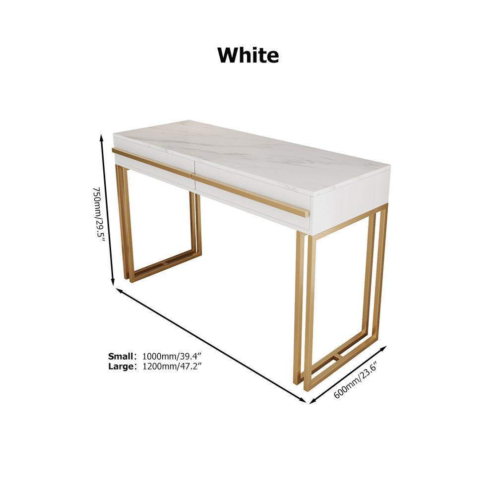 47" Rectangular White Office Desk with Drawers Marble Veneer Top Gold Hardware-Desks,Furniture,Office Furniture