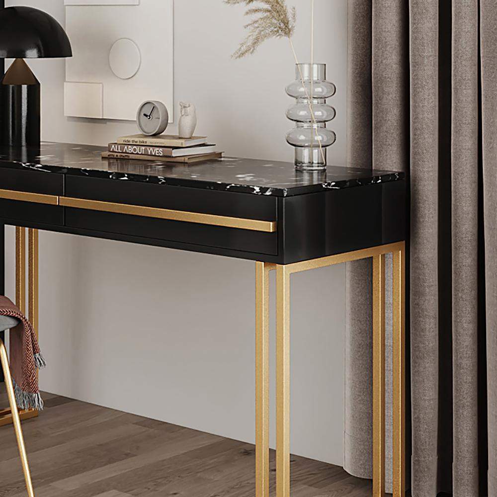 47" Rectangular White Office Desk with Drawers Marble Veneer Top Gold Hardware-Desks,Furniture,Office Furniture