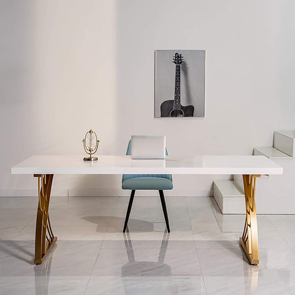 47" Modern White Rectangular Home Office Desk with Pine Wood Table Top & Gold Frame-Desks,Furniture,Office Furniture