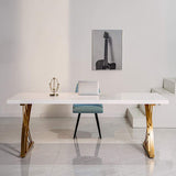 47" Modern White Rectangular Home Office Desk with Pine Wood Table Top & Gold Frame-Desks,Furniture,Office Furniture