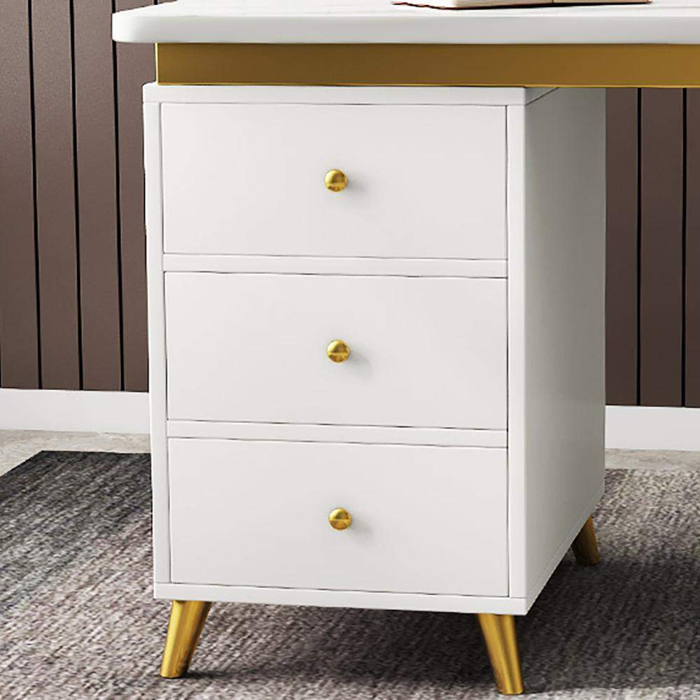 Modern White Rectangular Home Office Desk with Drawers in Gold Leg-Desks,Furniture,Office Furniture