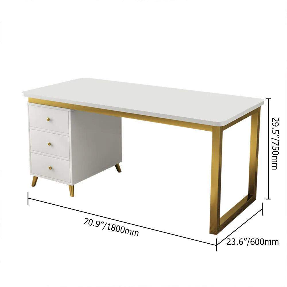 Modern White Rectangular Home Office Desk with Drawers in Gold Leg-Desks,Furniture,Office Furniture