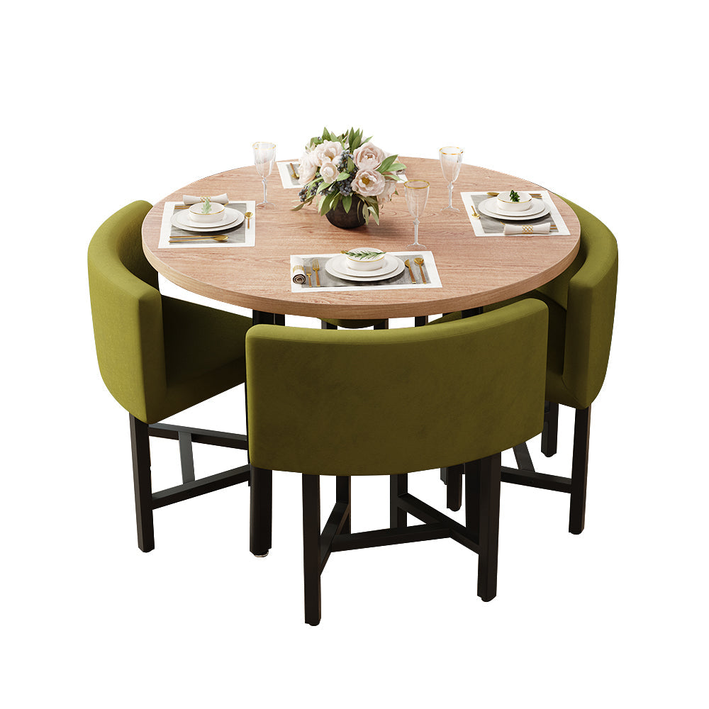 40" Round Wooden 4 Seater Dining Table Set Yellow Upholstered Chairs for Nook Balcony