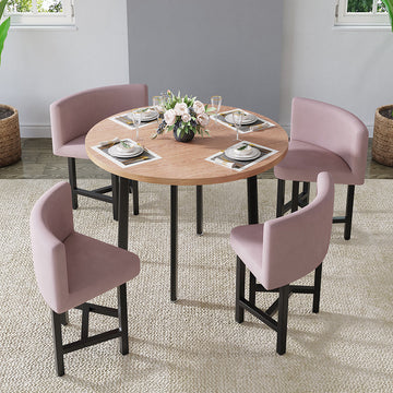 40" Round Wooden Small Dining Table Set of 4 Pink Upholstered Chairs for Nook Balcony