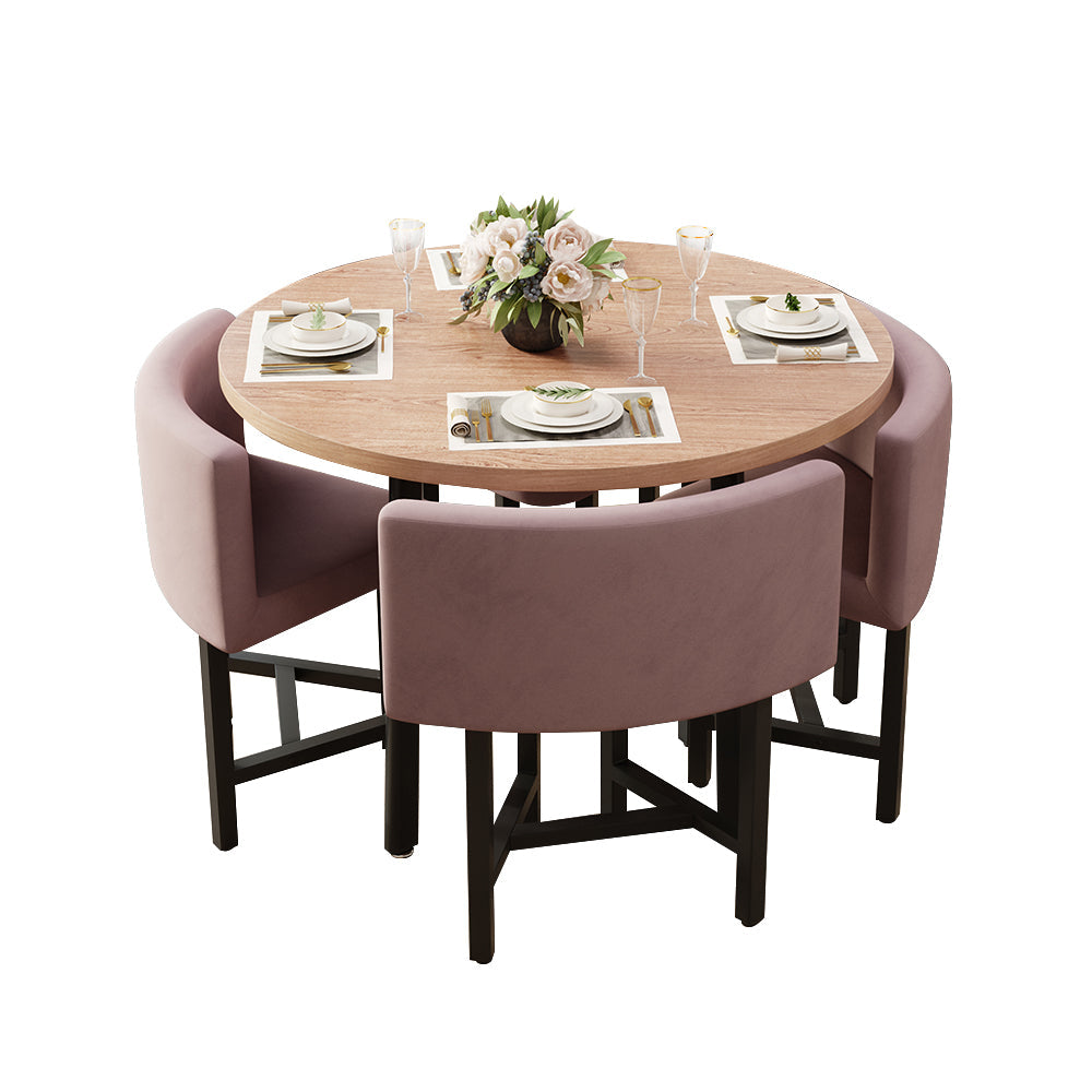 40" Round Wooden Small Dining Table Set of 4 Pink Upholstered Chairs for Nook Balcony