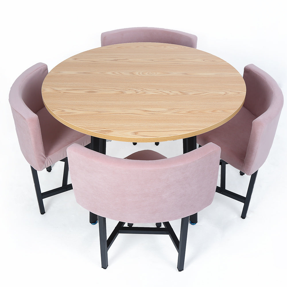 40" Round Wooden Small Dining Table Set of 4 Pink Upholstered Chairs for Nook Balcony